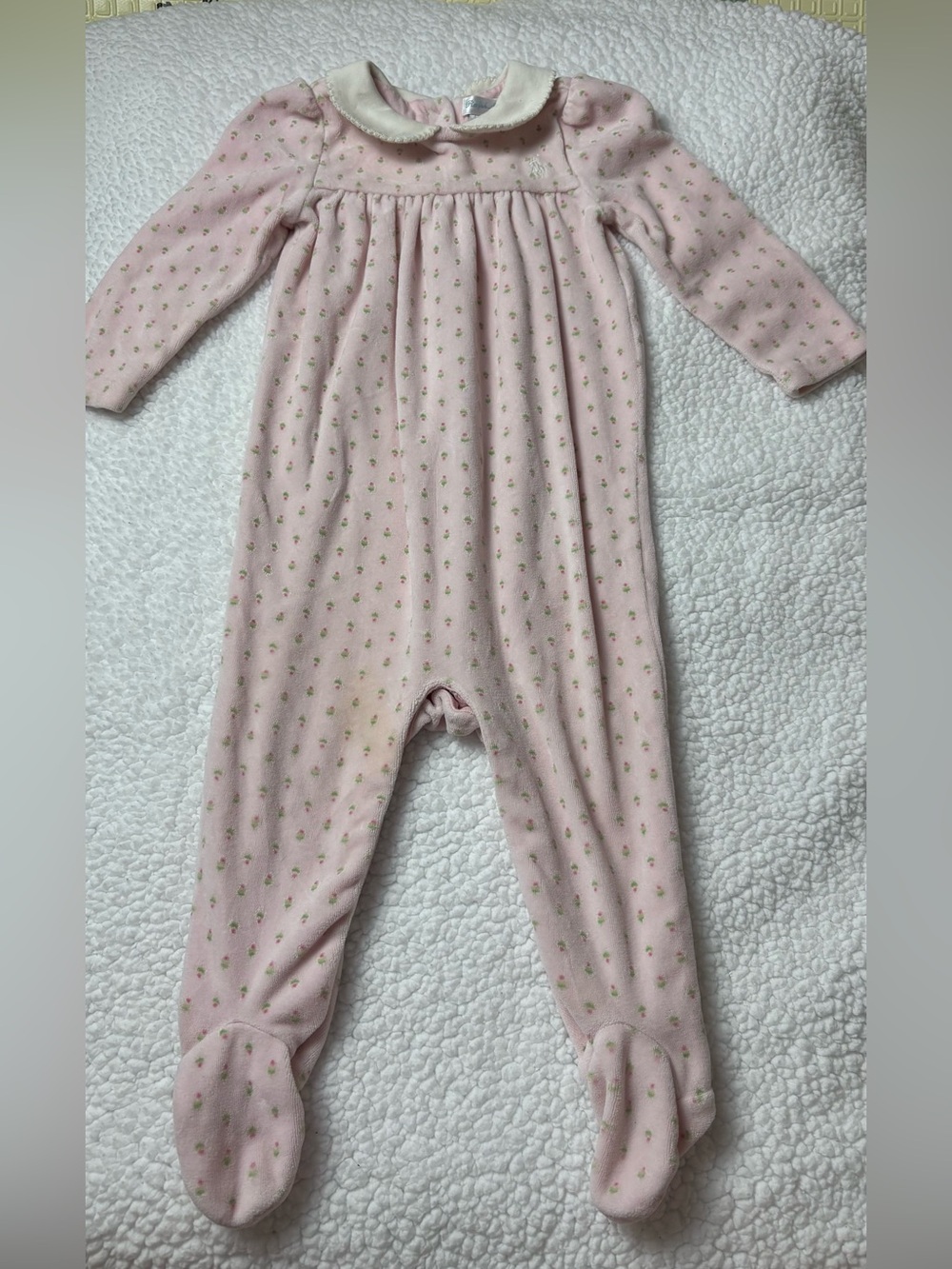 Ralph Lauren Pink Floral Footie with Cream Peter Pan Collar